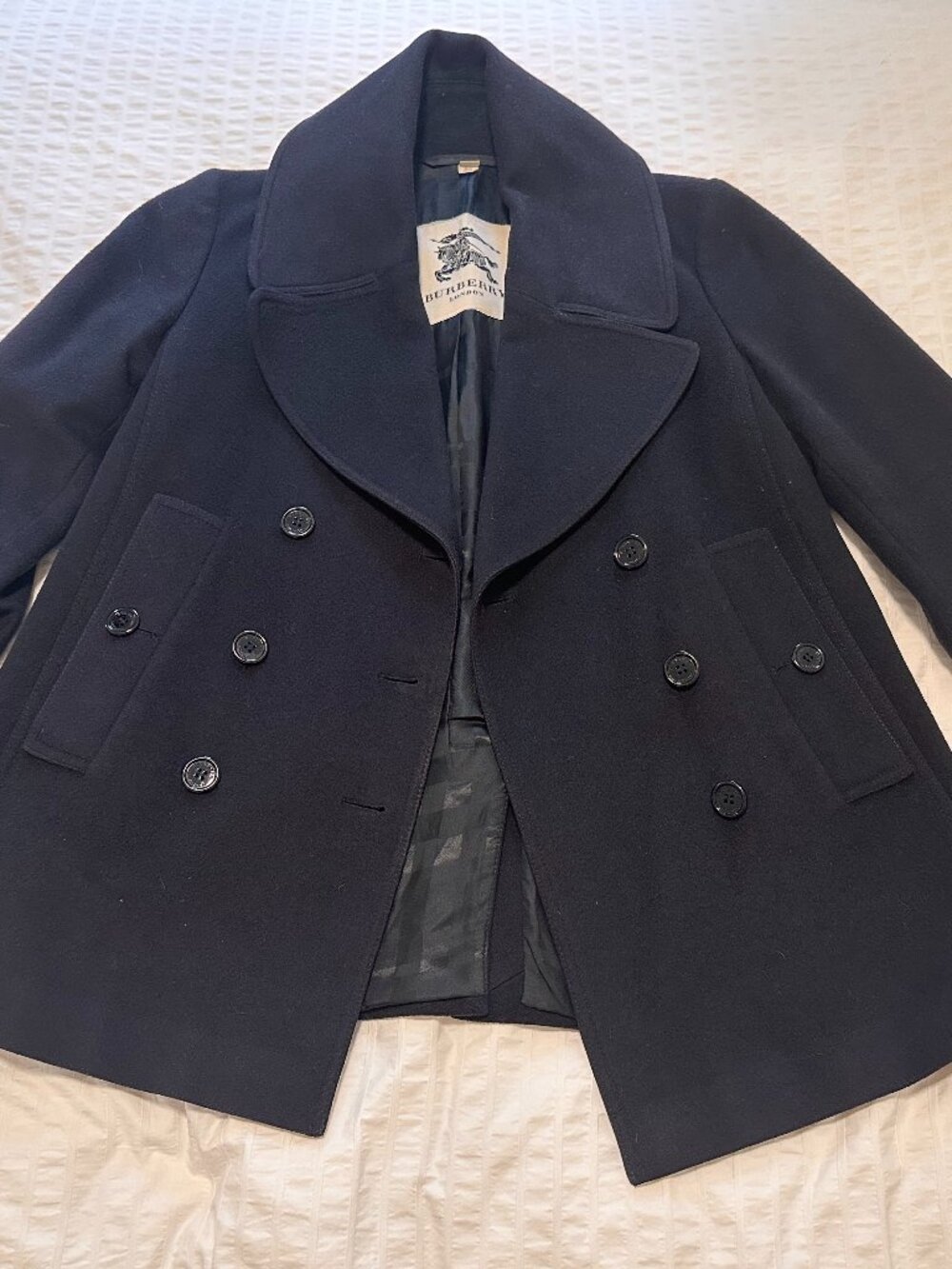Burberry London Wool Cashmere Navy Peacoat Nova Check Piping - Size 8US